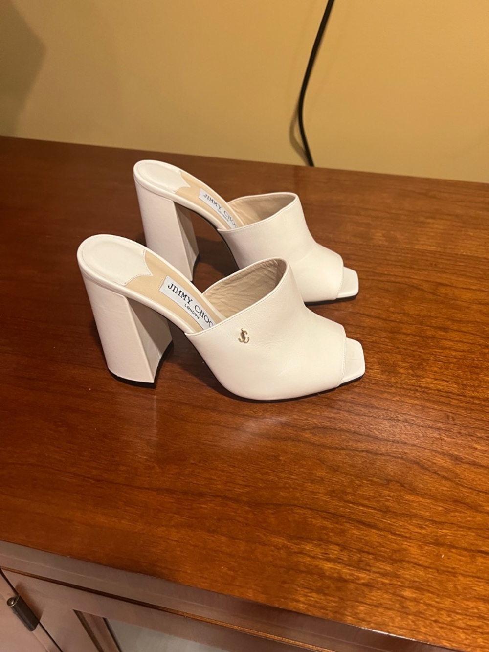 Jimmy Choo White Leather Peep-Toe Block Heel Mules with Gold Accent